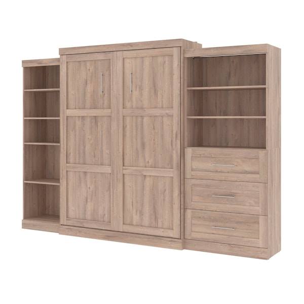 Pur Queen Murphy Bed with Shelving and Drawers (126W) in rustic brown